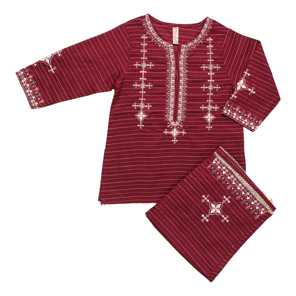 Maroon Embroidered Striped Lawn Kurta Trouser