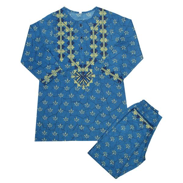 Girls Blue Printed & Embroidered Kurta & Shalwar Suit