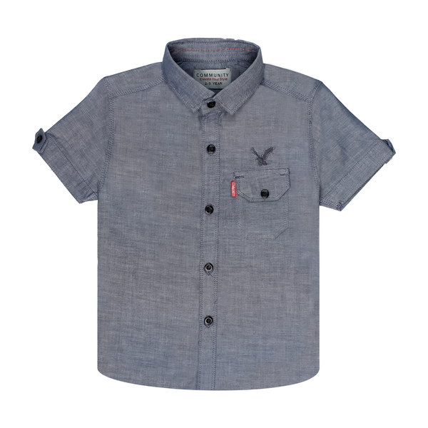 Blue Chambray Short-Sleeve Button-Up Shirt with Eagle Embroidery