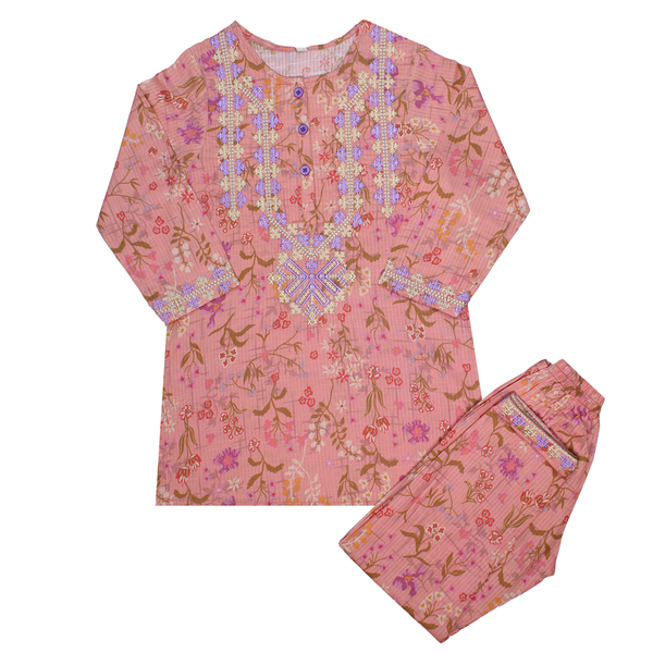 Girls Pink Floral Print Embroidered Kurta & Shalwar Suit