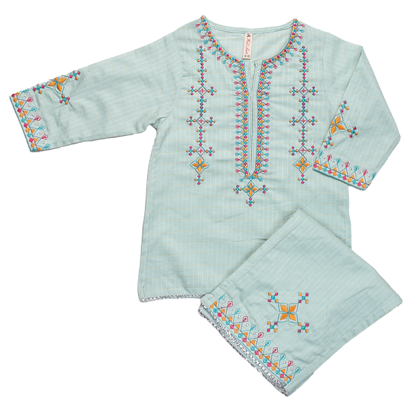 Embroidered Aqua Blue Kurta With Trouser Suit