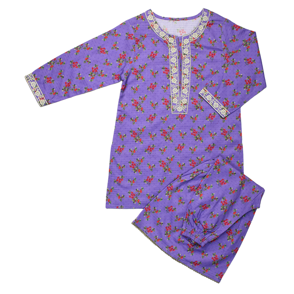 Girls Embroidered Purple Lawn Kurta with Sharara 2Pc Suit