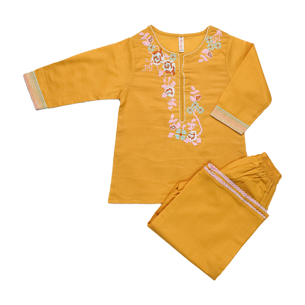 Kids' Embroidered Mustard Yellow Lawn Kurta Trouser Suit