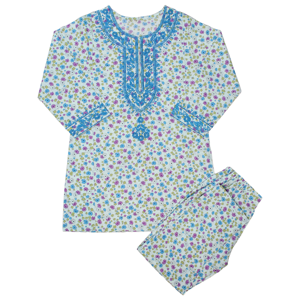White Floral Print Embroidered Kurta & Shalwar Suit