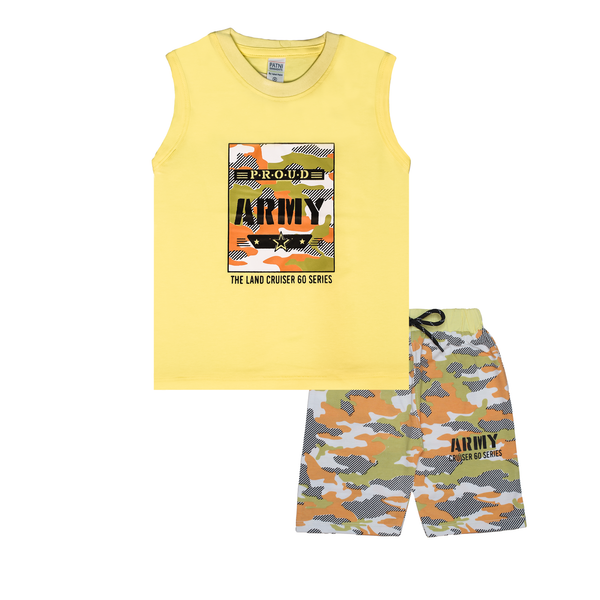 Boys' "Proud Army" Camo Print Sleeveless Tee & Shorts Suit