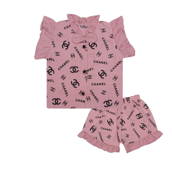 Girls' Tea Pink "Dior" Print Ruffled Top & Shorts Suit