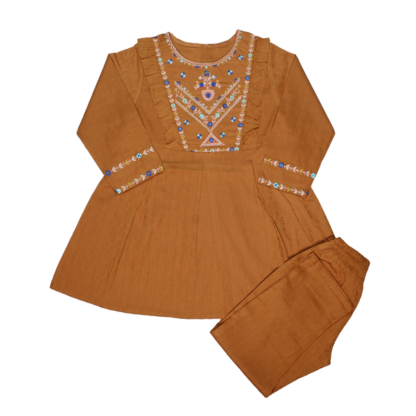 Rust Brown Embroidered Peplum Kurta & Trouser Suit