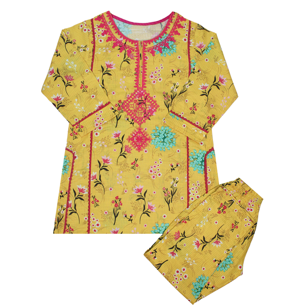 Yellow Floral Print Embroidered Kurta & Shalwar Suit