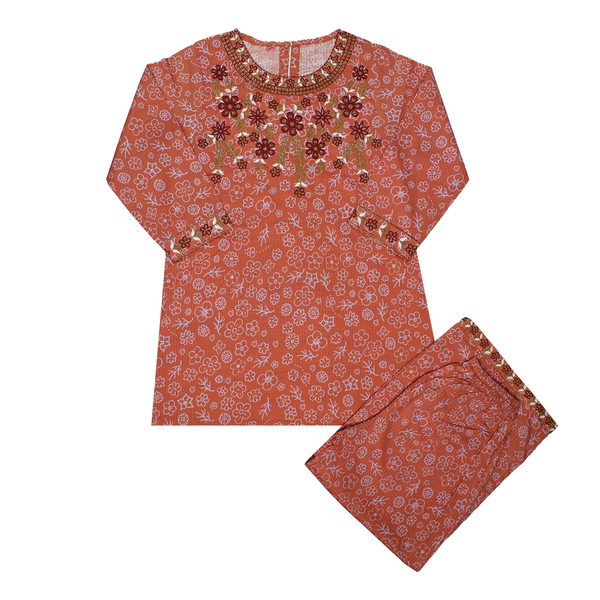 Terracotta Floral Print Embroidered Kurta & Trouser Suit