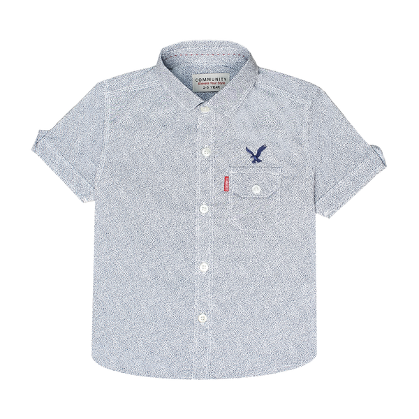 White Micro-Dotted Short-Sleeve Shirt with Eagle Embroidery