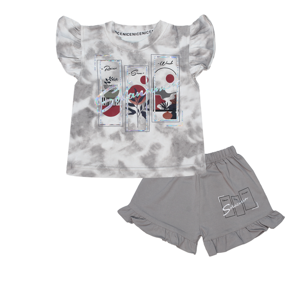 Girls Grey Tie-Dye Ruffle Sleeve Top & Frilled Shorts Suit