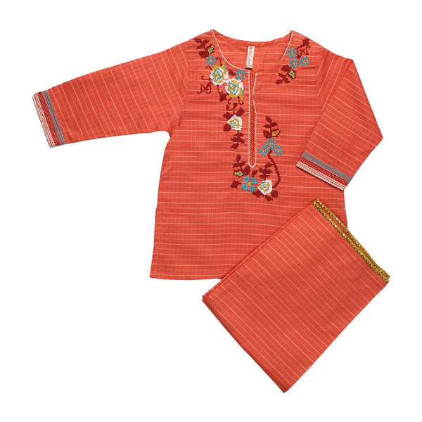 Kids' Embroidered Coral Stripe Kurta Trouser Suit