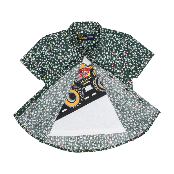Boy's Green Patterned Shirt with Monster Truck Graphic Tee