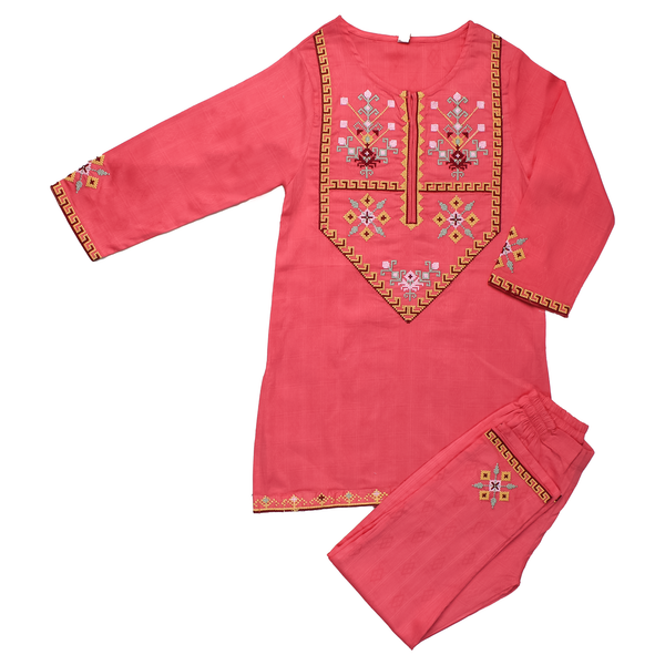 Peach Embroidered Lawn Kurta With Shalwar Suit