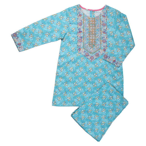 Aqua Blue Floral Printed Kurta With Trouser with Embroidered Yoke