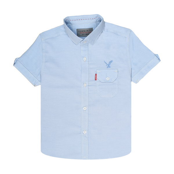 Blue Chambray Short-Sleeve Button-Up Shirt with Eagle Embroidery