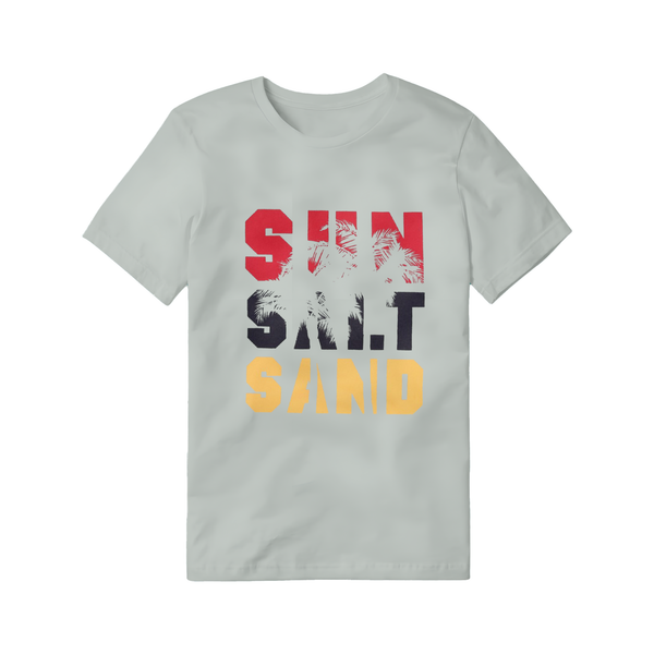 Sun, Salt, Sand" Beach Vibes T-Shirt with Palm Tree Silhouette - Light Grey