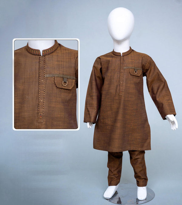 Brown Embroidered Kids Kurta Trouser