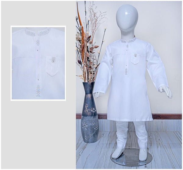 White Embroidered Kids Kurta Trouser