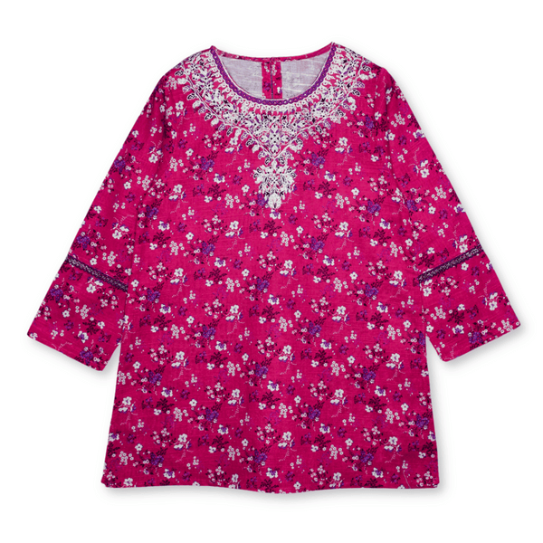 Pink Embroidered Neck Khaddar Kurti