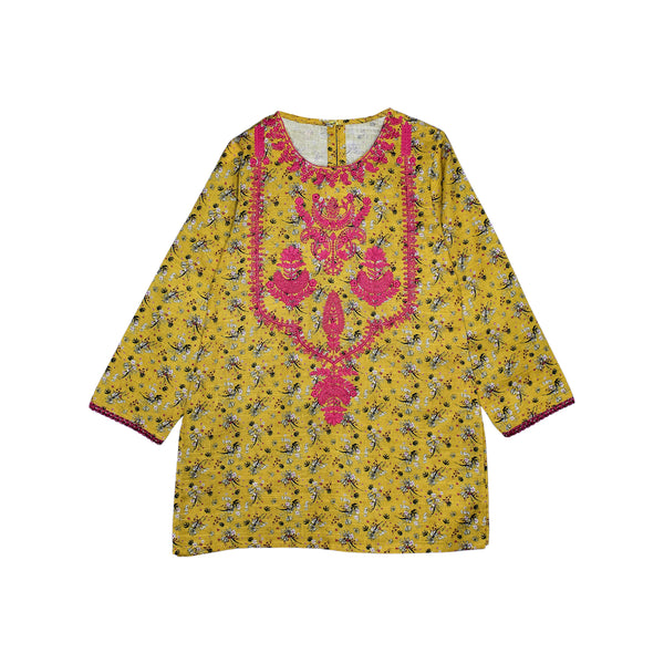 Yellow Embroidered Neck Khaddar Kurti