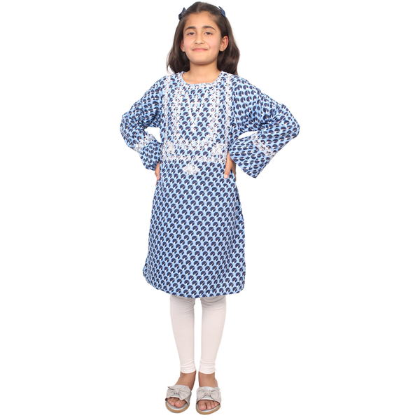 Blue & White Embroidered Kurti