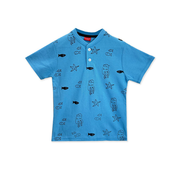 Blue Fish Print Polo Shirt