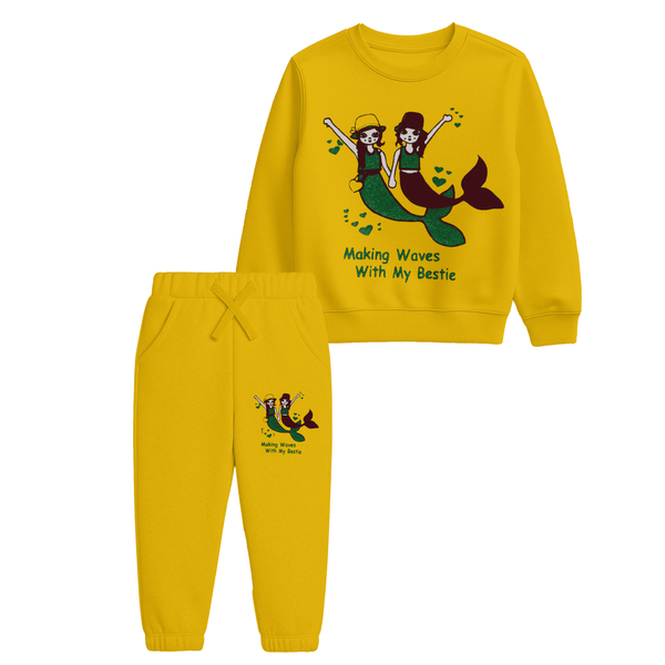 Girls “Making Waves With My Bestie” Mermaid Sweatshirt & Jogger Suit – Mustard Yellow