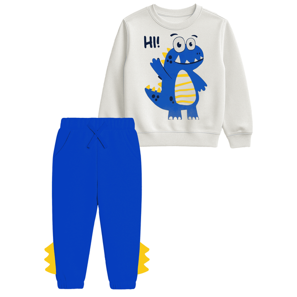 Boys “Hi Dino” Sweatshirt & Jogger Set – White & Royal Blue