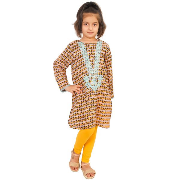 Orange and Yellow  Embroidered Kurti