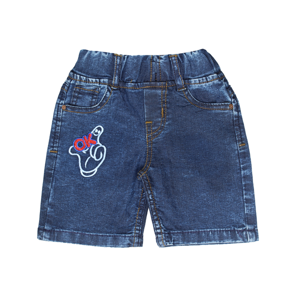 "OK" Sign Embroidered Dark Wash Denim Shorts